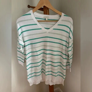 Talbots Small Petite Striped V Neck Cotton Blend 3/4 Sleeve Lightweight Sweater